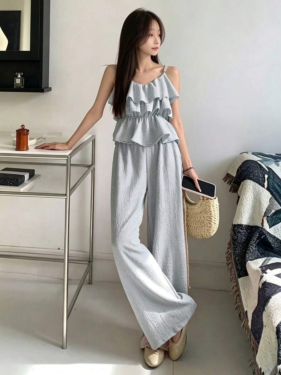 YCYC Women's Summer Casual Vacation Solid Color Minimalist Camisole And Pants 2 Pieces Set Elegant - Baby Blue - View 1