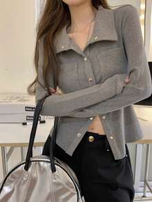 Early Spring Inner Layer Short V-Neck Slim Fit Design Niche Waist-Cinching Long Sleeve Top - Grey - View 13