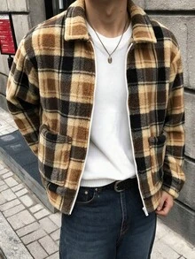 GOLDREDY Men's Casual Versatile Plaid Fleece Warm Comfortable Turn Collar Full Zip Sweatshirt, Autumn/Winter - Multicolor - View 3