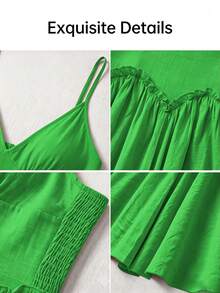 AIJ Elegant Deep V-Neck Ruffle Trim Spaghetti Strap Back Elastic Ruched A-Line Mini Dress, Green, Autumn Beach Vacation Night Out Dress, Christmas Occasion - Green - View 3