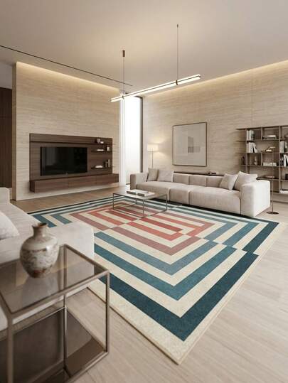 1PC Blue & Pink Color Block Geometric Vintage Art Style Area Rug, Faux Cashmere Material, Rectangular, Thick Pile Concentric Rectangle Pattern, Machine Washable, Suitable For Living Room Bedroom, Daily Home Decor, Aesthetic Home Decoration