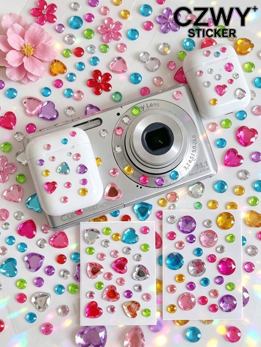 5pcs/10pcs Colorful Heart & Flower Rhinestone Stickers, 3D Crystal Glitter Decals For Phone Case, Camera, Earbuds, Laptop Decoration - Colorful Diamond Style - View 1