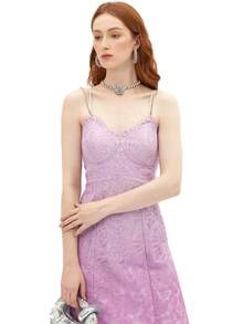 Rich Radi Q's Elegant Women's Purple Lace Midi Dress, Sleeveless Spaghetti Strap Fitted Dress, Contrast Embroidery Detail, Suitable For Formal Occasions - Pink - View 3