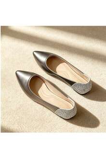 Women's Pointed Toe Shallow Flat Shoes With Rhinestone Heel Patchwork Soft Leather Granny Shoes, Commute Versatile Gentle Fairy Shoes - Dark Grey - View 7