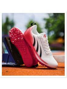 Sepatu Lari Profesional Pria dengan Paku, Sepatu Latihan Atletik Bergaya dengan Jaring Bernapas, Sepatu Lari Cepat untuk Tes Fisik Remaja, 8 Paku yang Dapat Dilepas, Unisex - Putih, hitam, merah - View 2