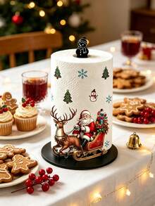 Acrylic Tabletop Vertical Paper Towel Holder With Reindeer Sleigh And Santa Claus Pattern (2D Flat), 2D Printed Design, Kitchen Paper Towel Rack, Home Party Decor And Storage, Lightweight And Affordable, Paper Towels Not Included, Suitable For Kitchen, Bathroom, Restroom, Dining Room, Living Room, Bedroom, Christmas Holiday Kitchen Desktop Paper Towel Storage Stand, Creative Holiday Home Decor Ornament - Multicolor - View 3