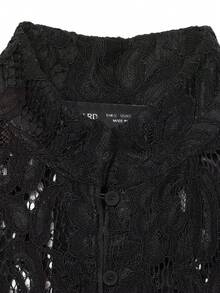 Women's Vintage Lace Jacket Style Top, Sexy Sheer Floral Blouse For Evening Date - Black - View 8