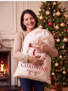 Custom Christmas Canvas Drawstring Gift Sack, Personalized Name & Monogram Santa Sleigh Print Storage Bag, Reusable Xmas Gift Holder, Great Gift For Family & Friends - Multi-color 1 - View 9