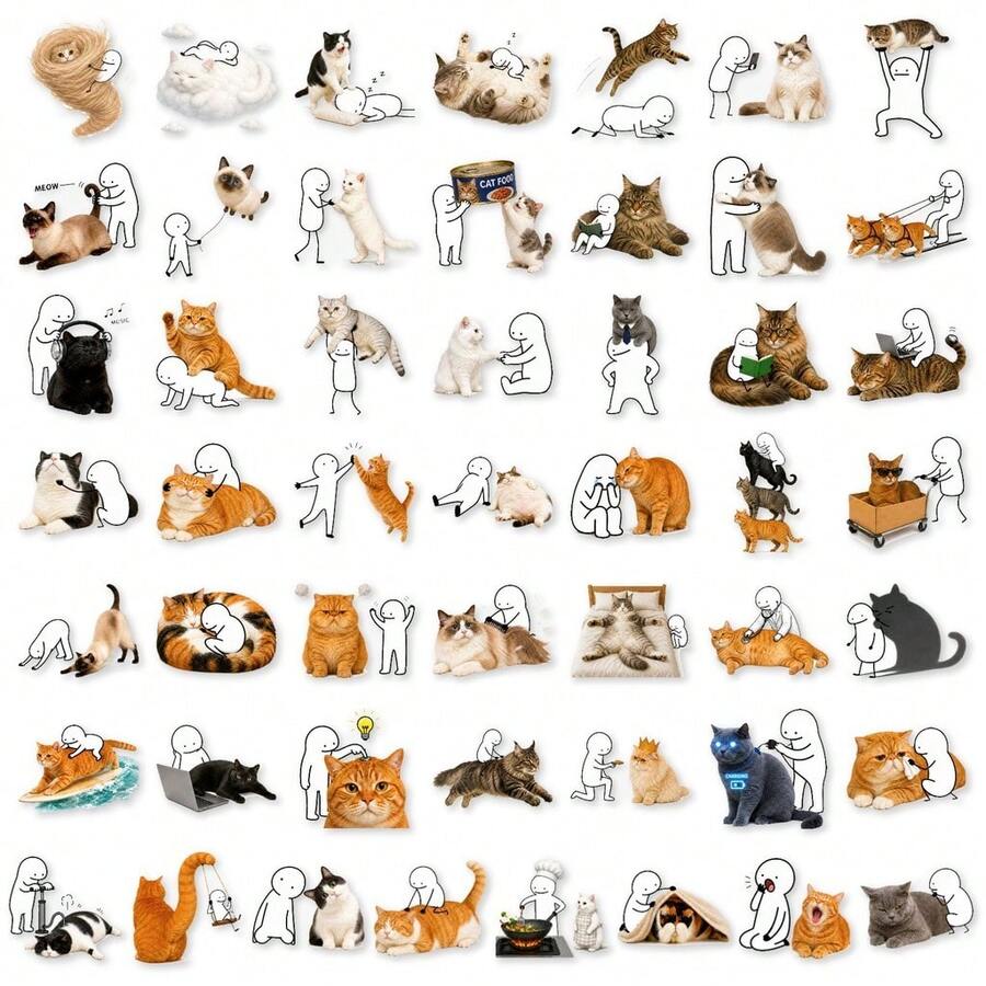 Human & Feline Meme Sticker Pack 50 Sheets, Transparent PET Cute Pet Graffiti Stickers For Item Personalization & Scrapbook - 50 PCS - View 1