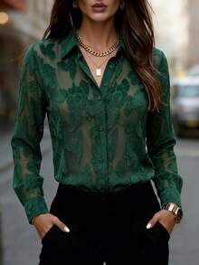 Women's Pure Green Sheer Embroidered Shirt, Collared Long Sleeve Button Front Blouse For Business, Office, Commute, Holiday, Daily, Spring Fall Winter - Dark Green - View 1