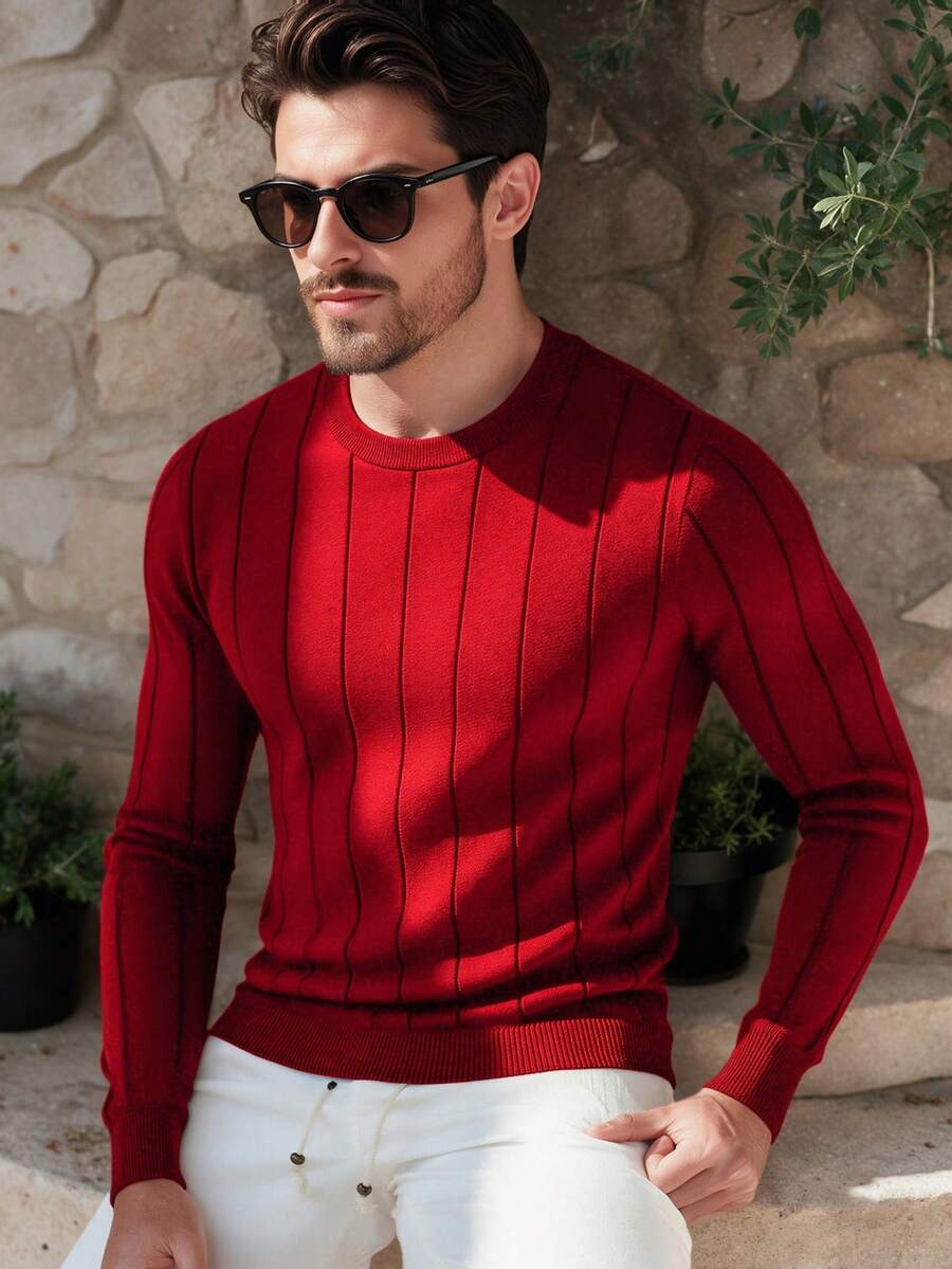 ALTZTAR Men's Casual Ribbed Knit Sweater, Round Neck, Minimalist Fashion Suitable For Daily Wear - Red - View 1