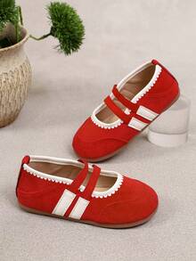 Sepatu Kasual Anak Perempuan Shu Rui Warna Merah yang Modis, Sepatu Putih dengan Dua Tali yang Menawan, Sepatu Datar Serbaguna untuk Dalam dan Luar Ruangan - Merah - View 5