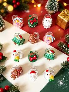 12pcs Women's Christmas Tree, Santa Claus, House, Snowman, Gingerbread Man, Bell Small Round Claw Clips Set, Cute - Multicolor - View 7