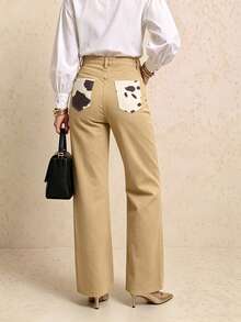Long Button-Up Non-Stretch Loose Straight Leg Denim Jeans, Casual Versatile Everyday Wear - Khaki - View 5