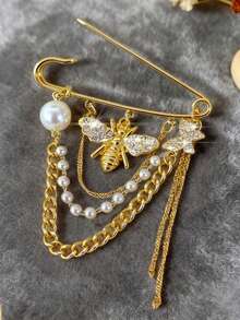 1pc Fashion Bee Butterfly Rhinestone Brooch Layered Chain Pearl Tassel Pin Brooch Women Multi-Functional Versatile - Multicolor - View 2