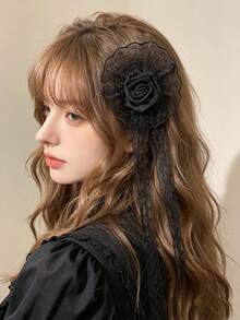 1pc Women's Lolita Lace Rose Ribbon Hair Accessory, Vintage Pearl Tassel Ruffle Hair Clip, Gothic Style Cosplay Photography Matching Headpiece - Multicolor - View 3