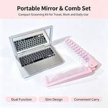Mini Makeup Mirror & Folding Hairbrush Set, Portable Compact Hand Mirror, Dual-Purpose Foldable Travel Hair Brush Comb, Cute Pocket Size Makeup Kit, Suitable For Handbag, Travel, Daily Touch-Ups, Women's Travel Accessory Gift Set - Multicolor - View 6
