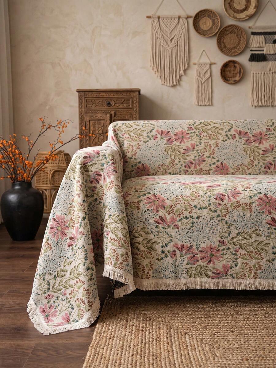 1pc Jacquard Pink Lily Pattern Tassel Sofa Cover, French Country Vintage Style Rectangular Design, No Installation Required, Dust-Proof, Anti-Slip, Anti-Scratch, Effectively Protects Sofa, Dirt-Resistant, Wear-Resistant, Sofa Dust-Proof Protector, Suitable For Multiple Sofa Models, Suitable For All Seasons - Multicolor - View 1