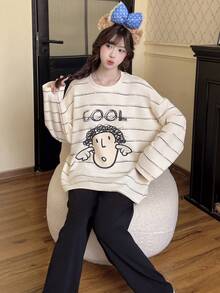 2pcs/Set Women's Spring/Autumn Casual Cartoon Sweat-Absorbent Breathable Round Neck Long Sleeve Long Pants Cartoon Spring/Autumn/Winter Home Wear Fall Clothes For Women - Apricot - View 3