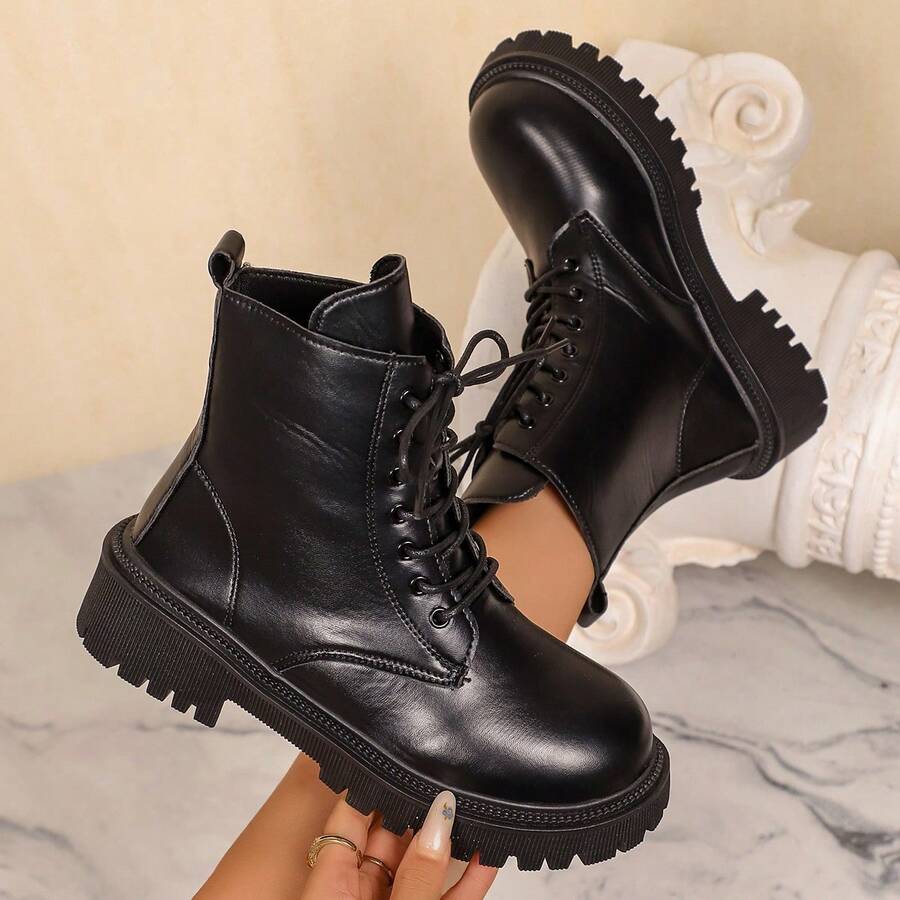 Women's Side Zipper Lace-Up Thick Sole Ankle Boots Round Toe Metal Eyelets Black Motorcycle Work Boots Autumn/Winter - Black - View 1