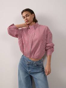 Women's Plaid Stand Collar Long Sleeve Flight Jacket - Red - View 7