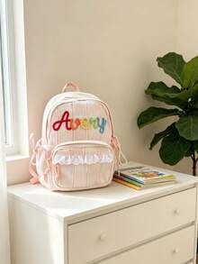 1pc Personalized Striped Lace Backpack, Large Capacity Lightweight Daily Use Bag, Customized Embroidered Name, Suitable For School, Commute And Travel, Perfect Gift - Multicolor - View 4