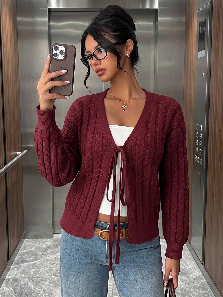 Women's Plus Size Burgundy Cable Knit Tie-Front Cardigan, Long Sleeve, Regular Length, Medium Stretch, Suitable For Autumn/Winter Wear - Burgundy - View 1