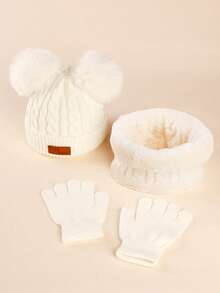 3PCS Girls Toddler Double Ball Warm Woolen Hat Scarf Gloves Set Autumn Winter Outdoor Warm Knitted Hat - FS Beanie - View 6