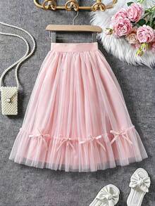 Mid-Length Pink Ballet Girl Tulle Skirt With Bow Decor And Layered Fluffy Mesh, Suitable For Party, Performance And Casual Outings In Summer - Pink - View 2