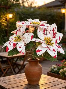 1pc 13 Inch Artificial Poinsettia, 5 Red And White Christmas Flowers, Faux Poinsettia Bush, Suitable For Home Christmas Tree, Dining Table, Wedding Decor And Other Home Decor, Christmas Home Decor, Autumn Home Decor, Artificial Plants, Outdoor Garden Decor - Multicolor - View 4