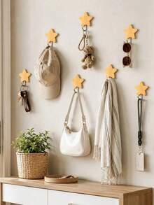 5pcs Star-Shaped Self-Adhesive Wall Hooks, No-Drill Wooden Hooks, Strong Adhesive Wall Hooks, Suitable For Home, Bathroom, Kitchen, Bedroom, Dorm, Office, Bathroom Accessories, Room Decor, Christmas Home Decor - Multicolor - View 2