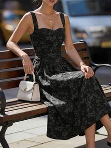 DONICY Women's Black Floral Ruffle Hem Dress, Square Neck Mid-Length Wide Strap Dress, Sweet Romantic Summer Vacation Dress - Black - View 9