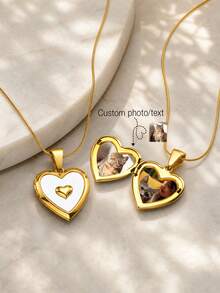 1pc Personalized Stainless Steel Heart-Shaped Openable Locket Pendant Necklace, 18K Gold Color, Customizable Photo Memorial Gift Jewelry For Women - Gold - View 1
