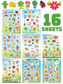 16Sheets Spring Nature Sticker Sheets, Parent-Child Interactive Educational Puzzle DIY Craft Decals With Flower Bee Butterfly Tree Birdhouse, Garden Theme Party Decoration, Festive Celebration Games Favors Supplies Kits Sets Box Packages - Multicolor - View 7