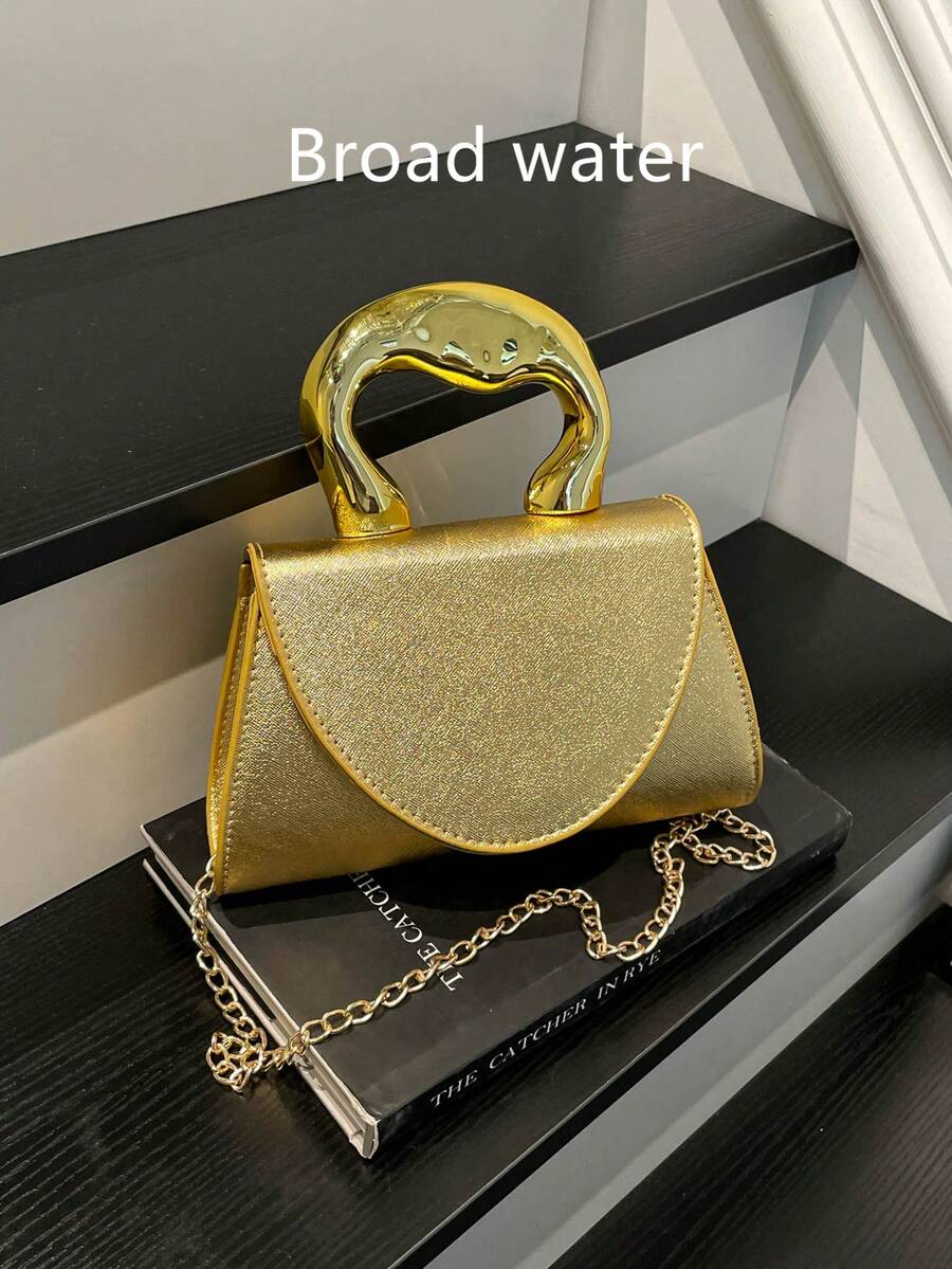 時尚金屬色女款手提包,壓克力不對稱手柄,翻蓋小方包,單肩斜挎包,百搭通勤包 - 金色 - 查看 1
