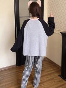 2pcs/Set Women's Spring/Autumn/Winter Cartoon Pajama Set, Casual Sweat-Absorbent Breathable Crew Neck Long Sleeve Long Pants Loungewear - Grey - View 2