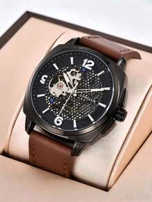 LONGLUX 1pc Men's Automatic Mechanical Watch Square Honeycomb Hollow PU Leather Strap Retro Sports Style Fashion Men's Watch - Coffee Brown - View 2