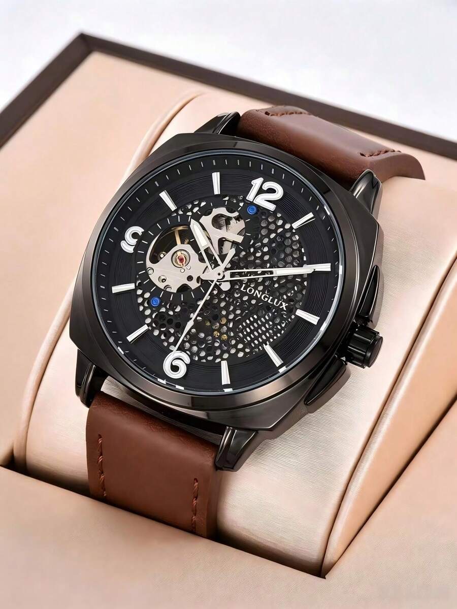 LONGLUX 1pc Men's Automatic Mechanical Watch Square Honeycomb Hollow PU Leather Strap Retro Sports Style Fashion Men's Watch