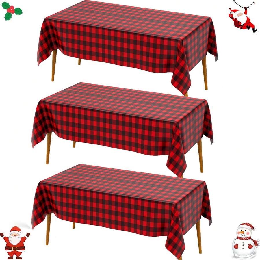 3 Packs/1-Pack Red And Black Checkered Tablecloth, Disposable Plastic Buffalo Check Tablecloth 54*108 Inches Red Tablecloth Rectangular For Picnic, Birthday, Christmas, New Year Holiday Party Decoration - Black and Red - View 1