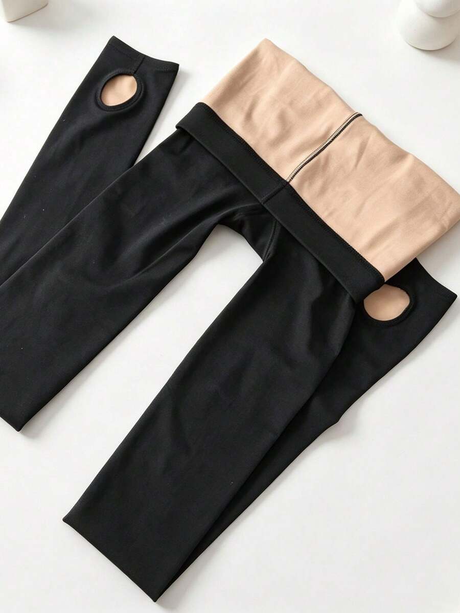 2/1pc Women's Thermal Lined Faux Sheer Tights, Elastic Sexy Anti-Snag Stirrup Leggings, Warm Autumn/Winter Base Layer, Suitable For Halloween, Christmas, Back To School, Office, Date, Party, Daily Wear, Wearable In 10-25℃ - Black - View 1
