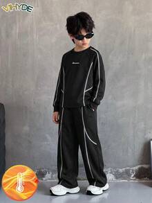Vihyde Tween Boys Autumn/Winter Black Contrast Stitch Raglan Cool Colorblock Line Crew Neck Sweatshirt & Wide Leg Sweatpants 2 Pieces Set - Black - View 3