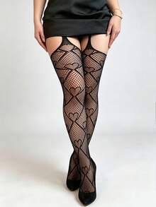 1 Pair Integrated Suspender Fishnet Tights, Diamond Mesh + Embedded Heart Pattern, Lace Trim Foot, Hollow Out Suspender Design - Multicolor - View 1