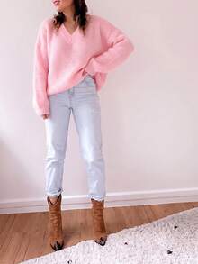 Women's Oversized Pink Fuzzy Knit Sweater | Casual Loose Crewneck Pullover Tops | Soft Warm Chunky Balloon Sleeve Knitwear For Fall Winter - Pink - View 5