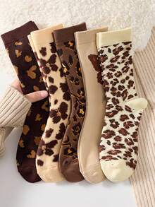 2 Pairs Women's Mid-Calf Socks, Burgundy Leopard Print Warm Thickened Socks, Suitable For Autumn/Winter Wear - Multicolor - View 5