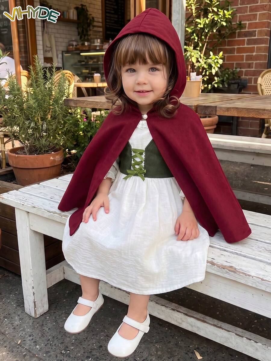 Vihyde Young Girls Round Neck Lace Patchwork Green Vest Faux Two Pieces Dress & Hooded Cape Two Pieces Set Halloween - White - View 1