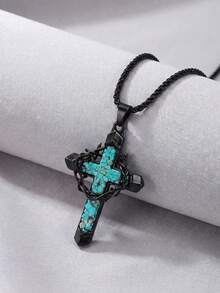 1pc Thorn Wrapped Cross Necklace With Faux Turquoise, Black Hollow Punk Style, Suitable For Men's Party, Daily Wear And Music Festival - Black - View 5
