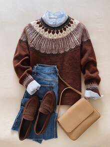 Women's Fall Winter Brown Fair Isle Pattern Soft Cozy Knit Crew Neck Long Sleeve Sweater, Relaxed Fit Vintage Casual Daily Office Work Commute Wear - Coffee Brown - View 3