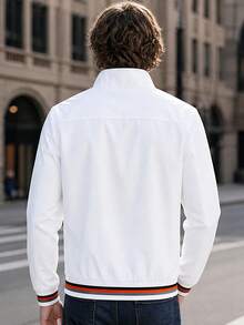 Men's Autumn/Winter Zipper Front Casual Versatile Striped Colorblock Stand Collar Jacket Coat Suitable For Daily Outings And Commuting - White - View 4