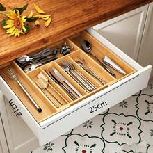 1-Pack Expandable Kitchen Drawer Organizer, Adjustable Wooden Utensil Tray, Suitable For Kitchen Utensils, Silverware, Knives And Forks - - Multicolor - View 5
