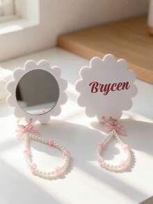 Custom Name Print Custom Hand Mirror, Cute Flower Shape Compact Mirror, Beaded Wrist Strap Keychain Mirror, Women's Gift, Best Gift For Mom And Teacher, Perfect For Birthday, Work, Commute, Outdoor, Travel, Christmas Gift - Multicolor - View 6